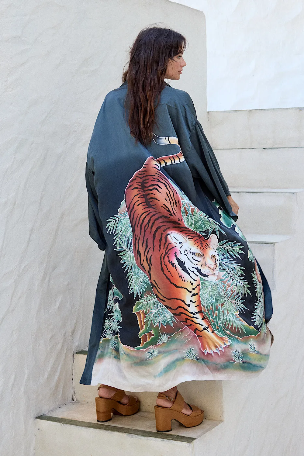 Rhythm Is A Dancer Tiger Hand Painted Silk Satin Kimono - Charcoal