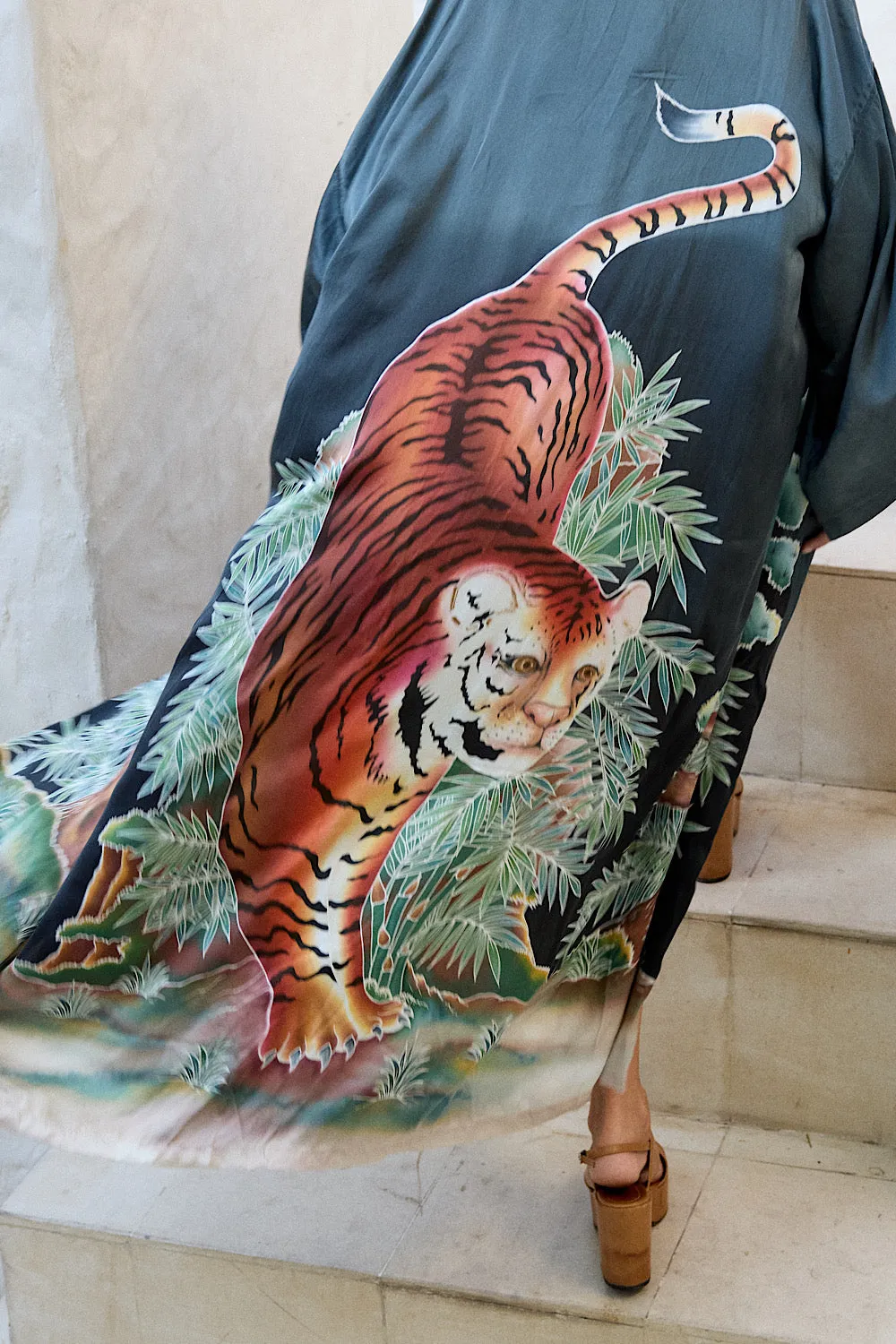 Rhythm Is A Dancer Tiger Hand Painted Silk Satin Kimono - Charcoal