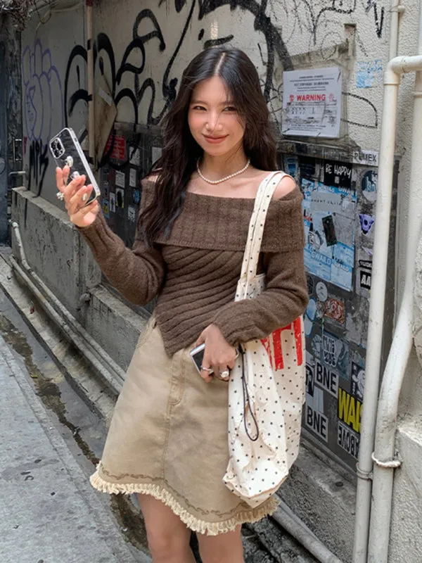 Ribbed Knit Off Shoulder Crop Sweater