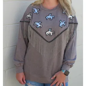 Rowdy Crowd Women's Grey with Sequins Bronc Fringe Sweater