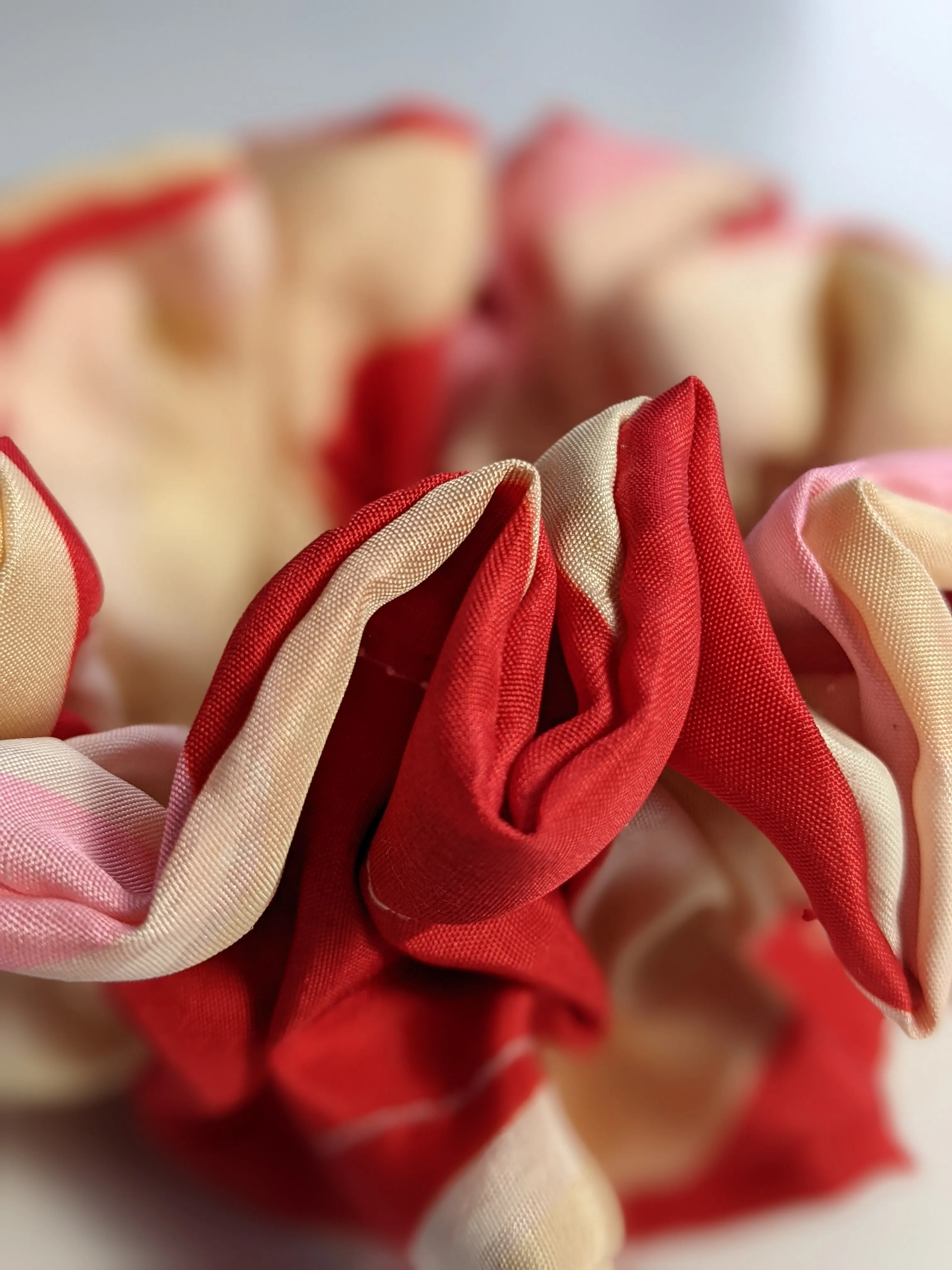 Silk Ruffle Scrunchie - red/pink/cream colour blocks