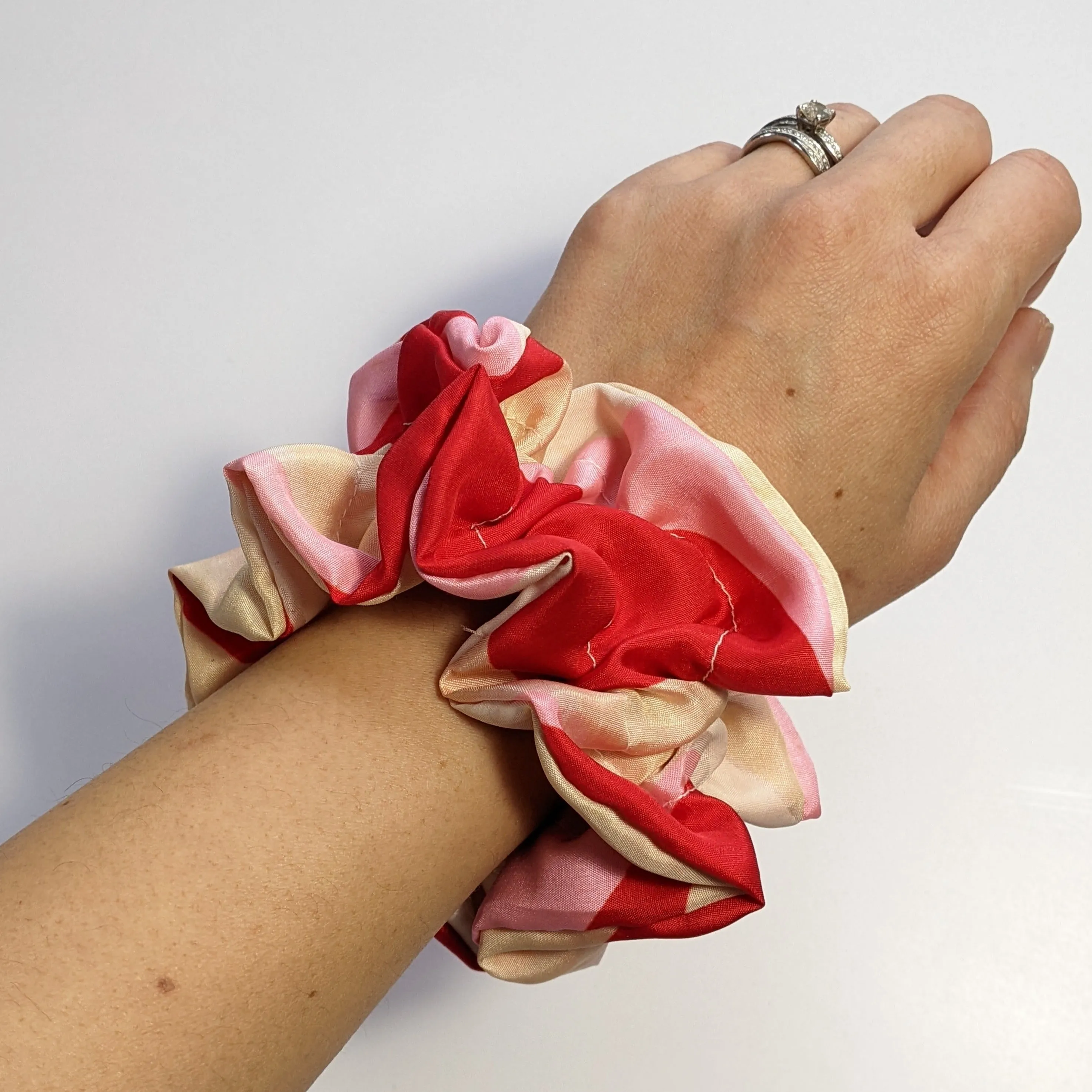 Silk Ruffle Scrunchie - red/pink/cream colour blocks