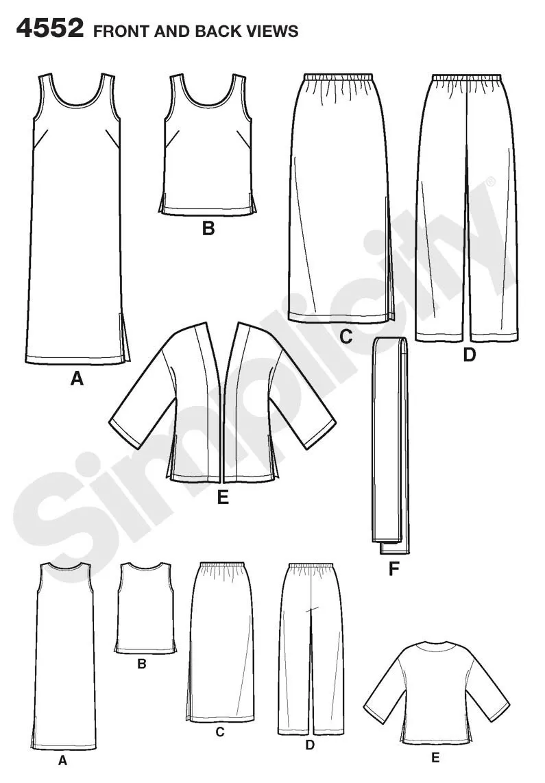 Simplicity 4552 Tank Dress and Top, Kimono-Jacket, Pants, Skirt