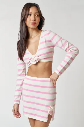 Striped Crop Rosette Sweater Top
