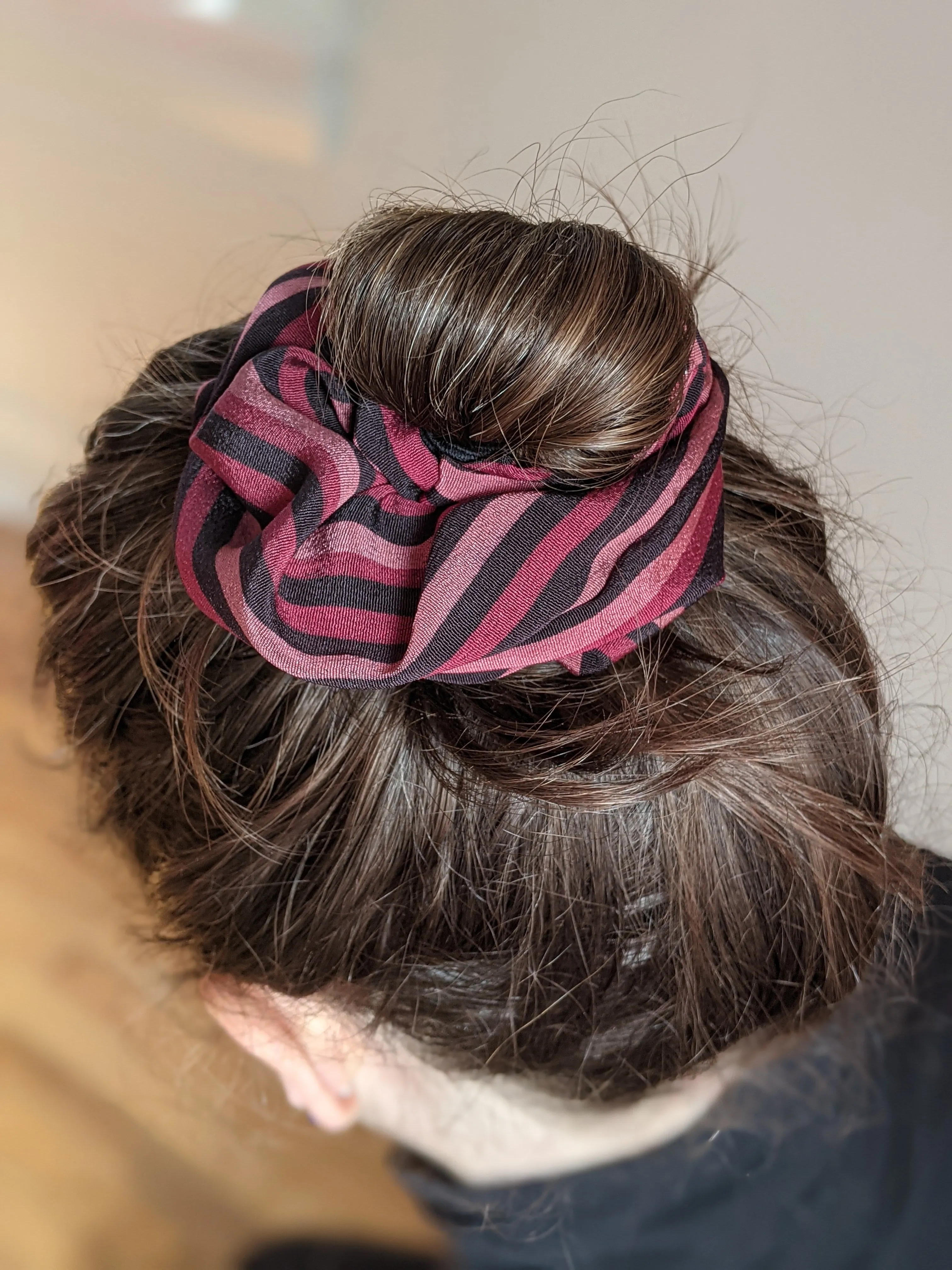 Striped Silk Scrunchie - black and pink