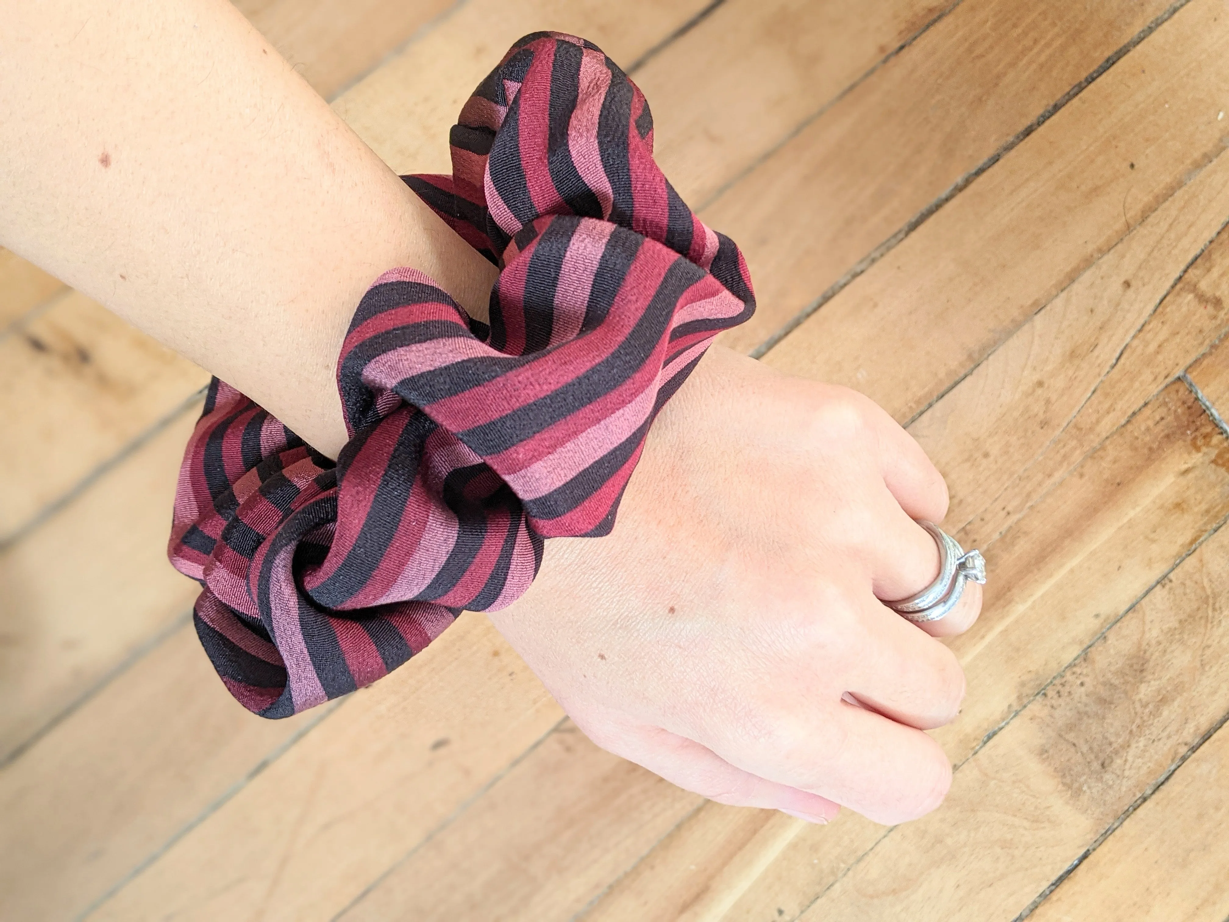 Striped Silk Scrunchie - black and pink