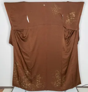 Super Smooth Brown Floral Homongi - Formal Japanese Women's Kimono Femme Silk Soie Seda Seta Siede Floral Beautiful Chimono Free Shipping