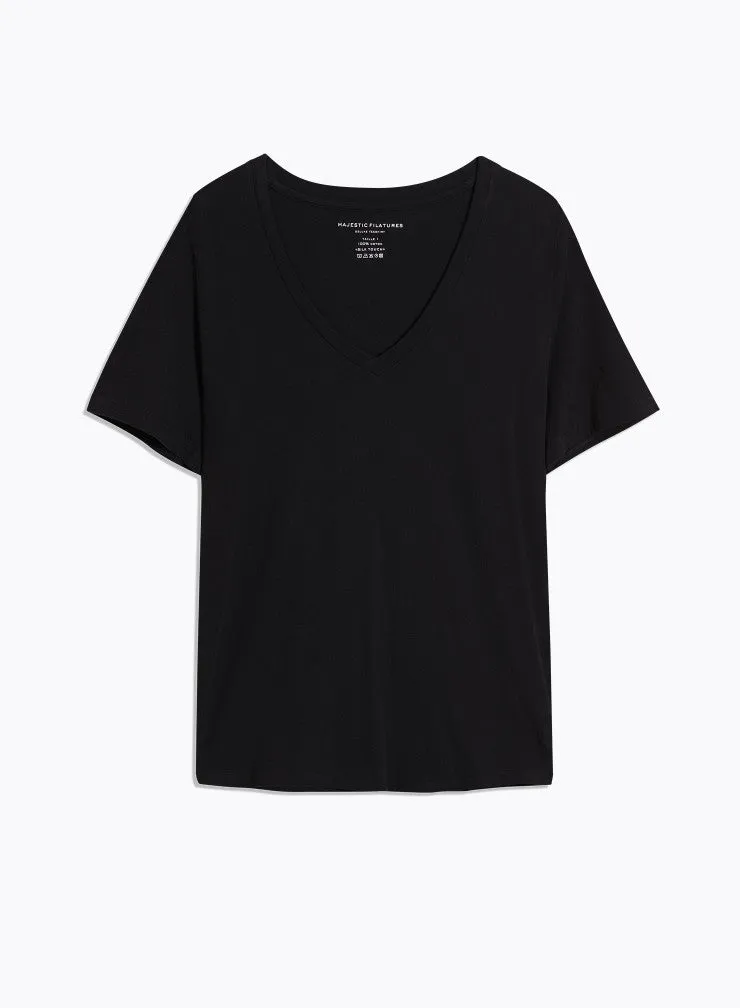 T-shirt Noir Patty col V manches courtes en Coton