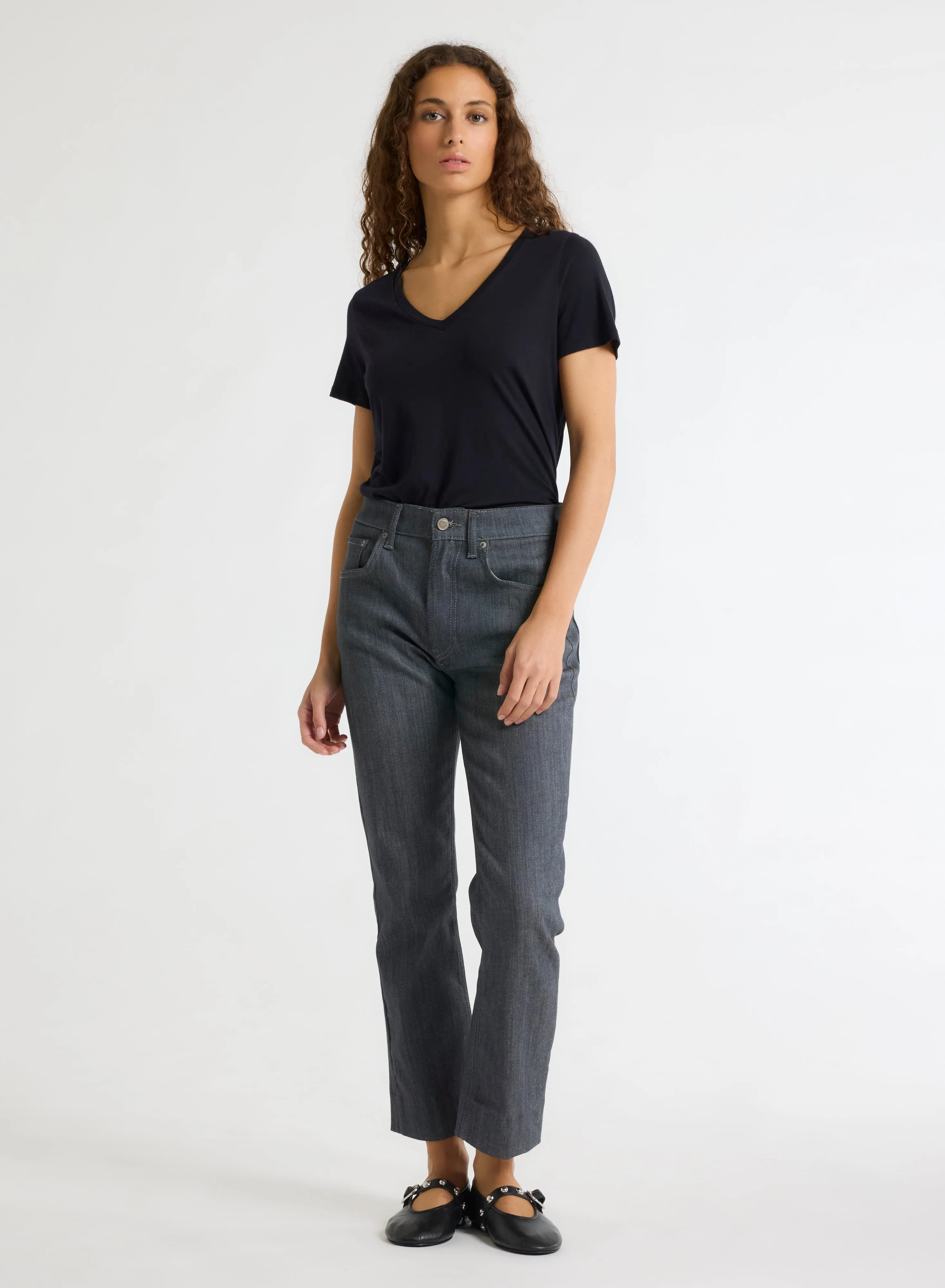 T-shirt Noir Patty col V manches courtes en Coton