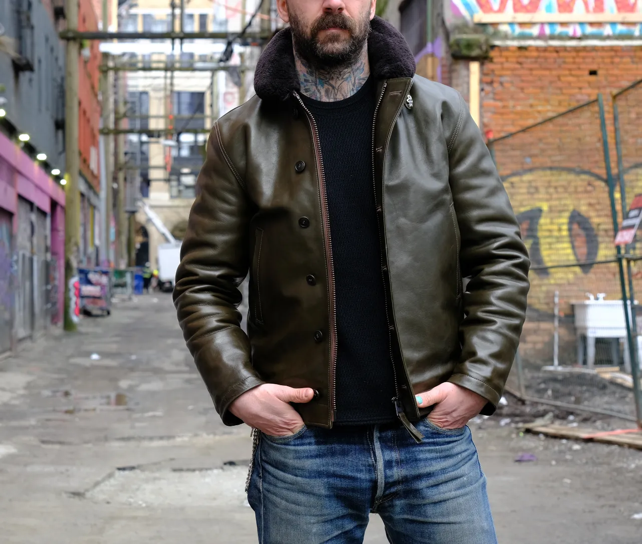 The Shop X Y'2 Leather 1.3mm Olive Eco Horse N1 Deck Jacket