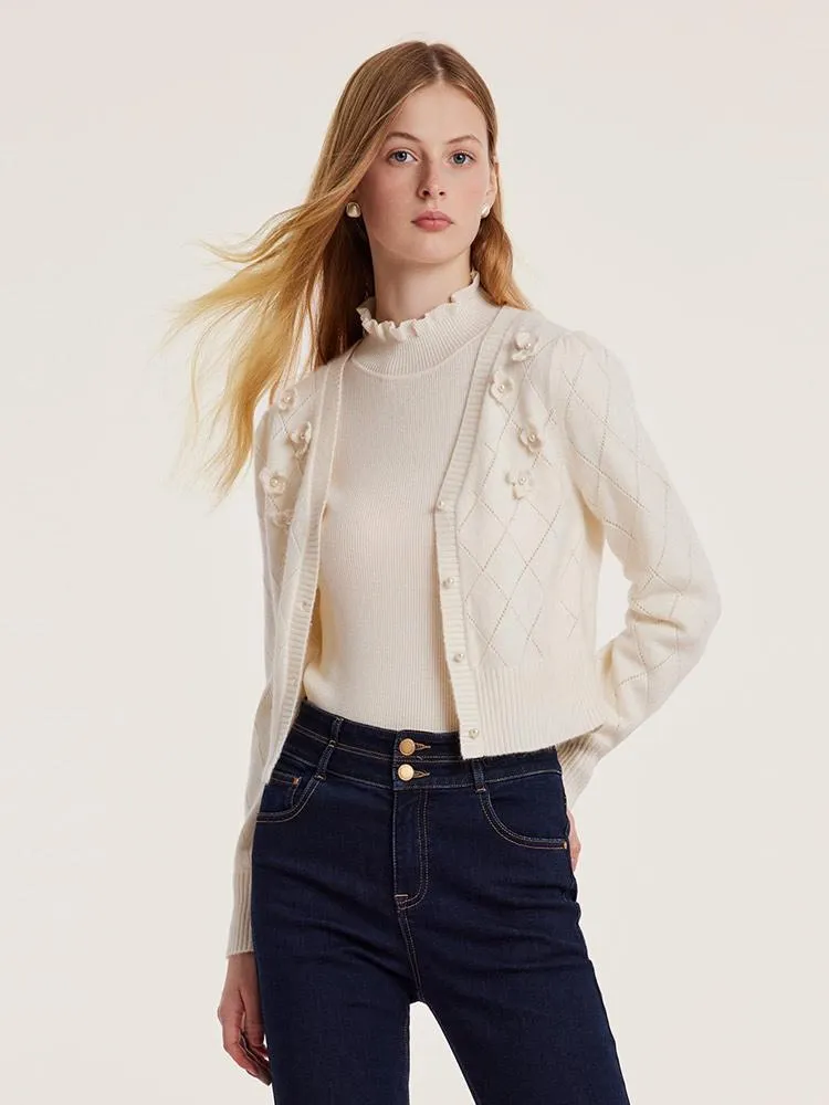 Three-dimensional Hand Crocheted Flower Pearl Cardigan