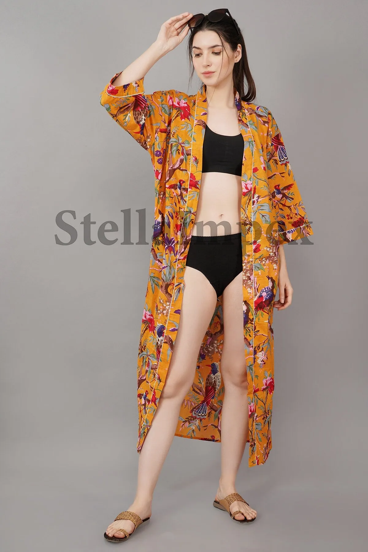 Trendy Cotton Kimono Elegant Bird Print Bathrobe Resort Wear Beach Bikini Cover-ups Boho Kimono Bathrobe, Gift for Her
