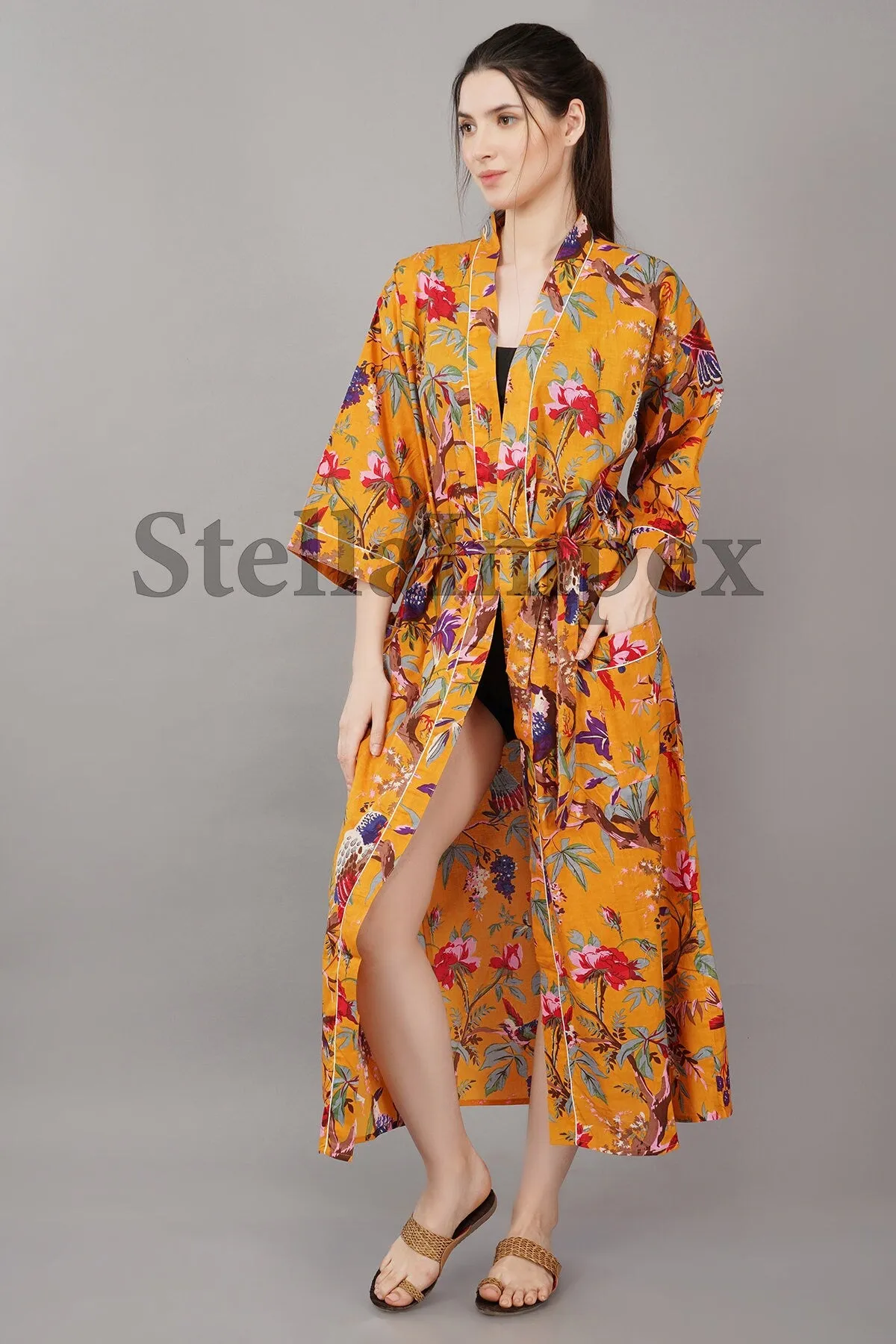 Trendy Cotton Kimono Elegant Bird Print Bathrobe Resort Wear Beach Bikini Cover-ups Boho Kimono Bathrobe, Gift for Her