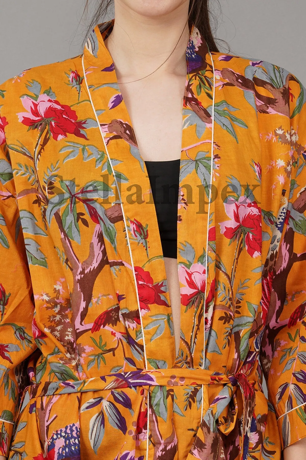 Trendy Cotton Kimono Elegant Bird Print Bathrobe Resort Wear Beach Bikini Cover-ups Boho Kimono Bathrobe, Gift for Her