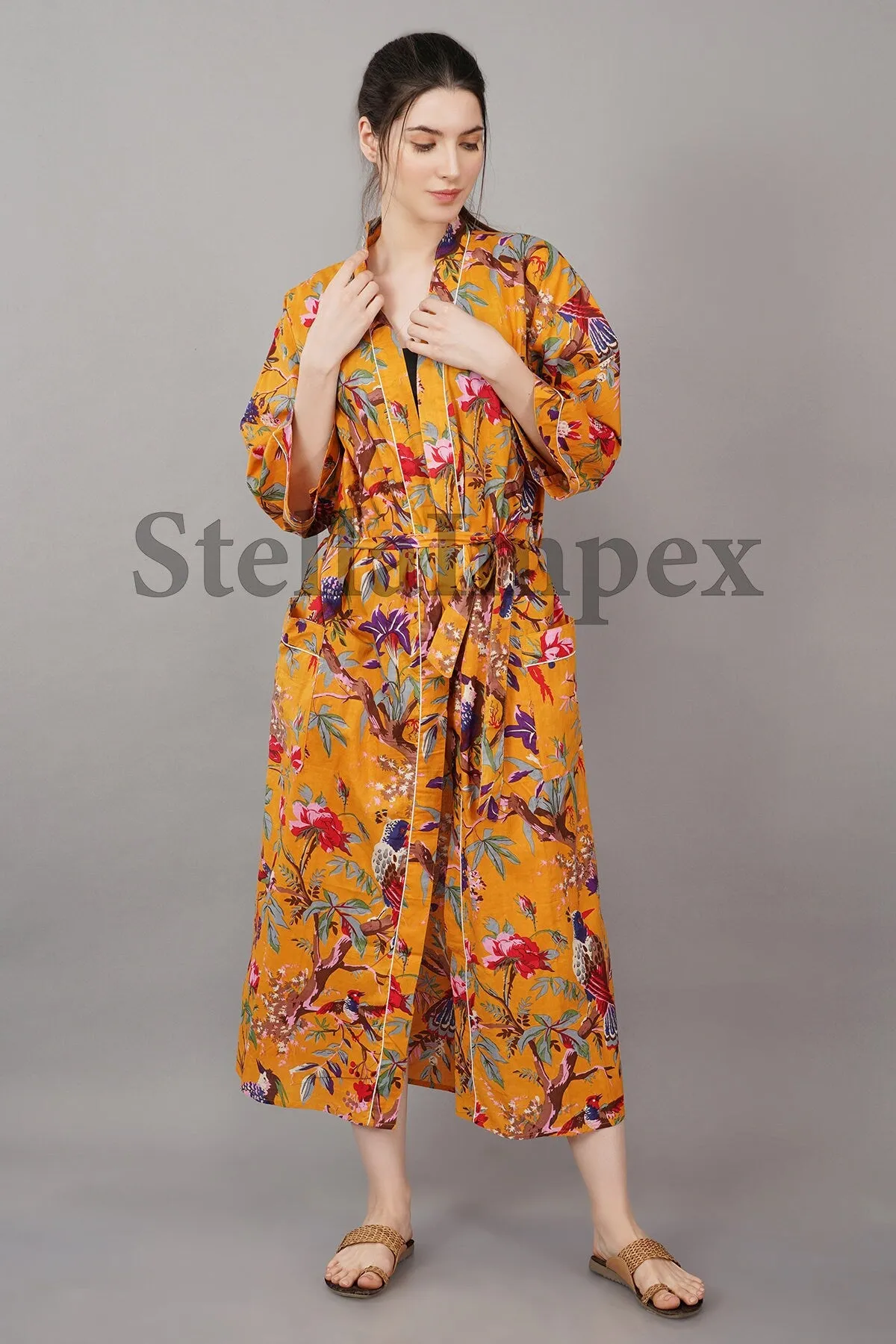Trendy Cotton Kimono Elegant Bird Print Bathrobe Resort Wear Beach Bikini Cover-ups Boho Kimono Bathrobe, Gift for Her