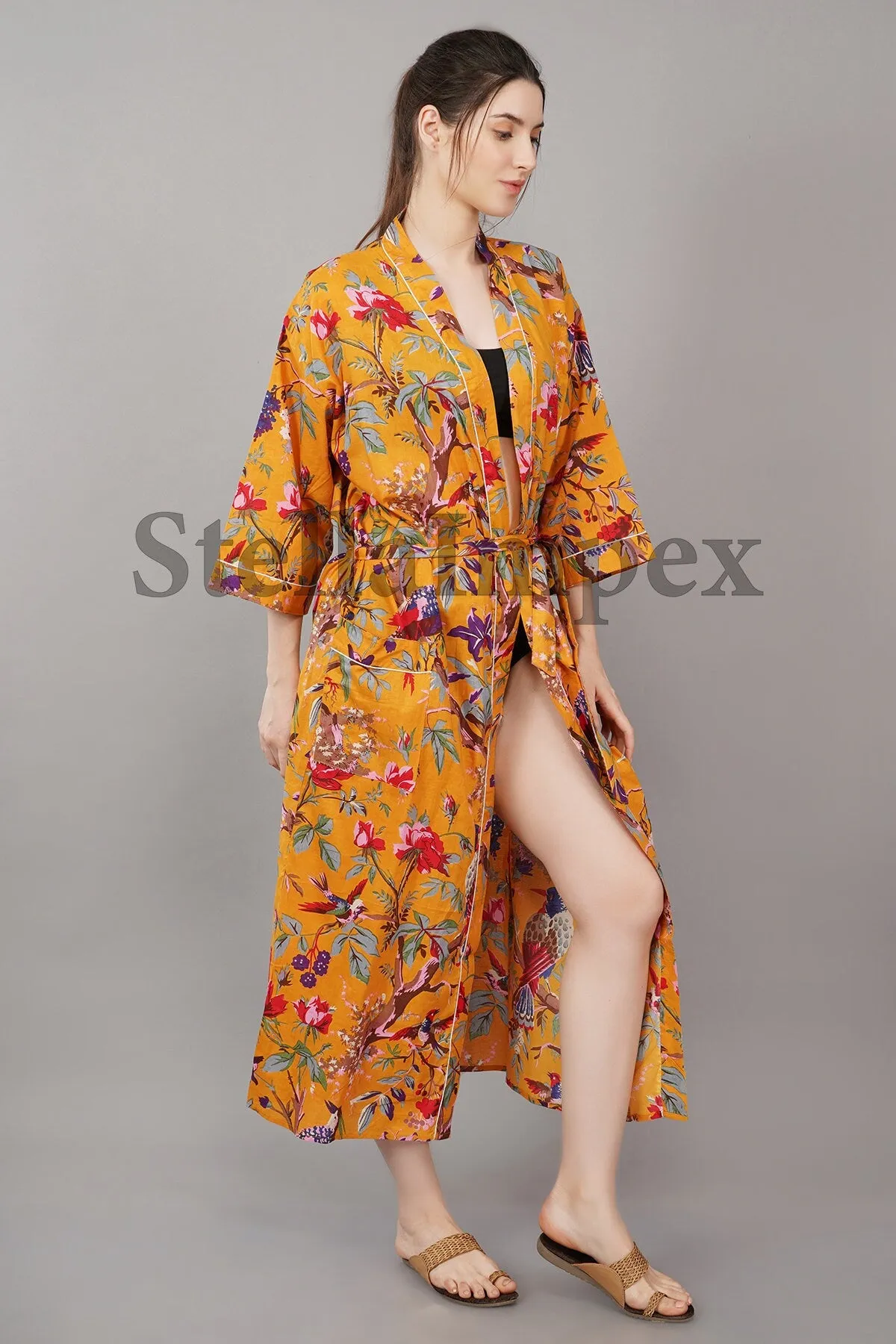 Trendy Cotton Kimono Elegant Bird Print Bathrobe Resort Wear Beach Bikini Cover-ups Boho Kimono Bathrobe, Gift for Her