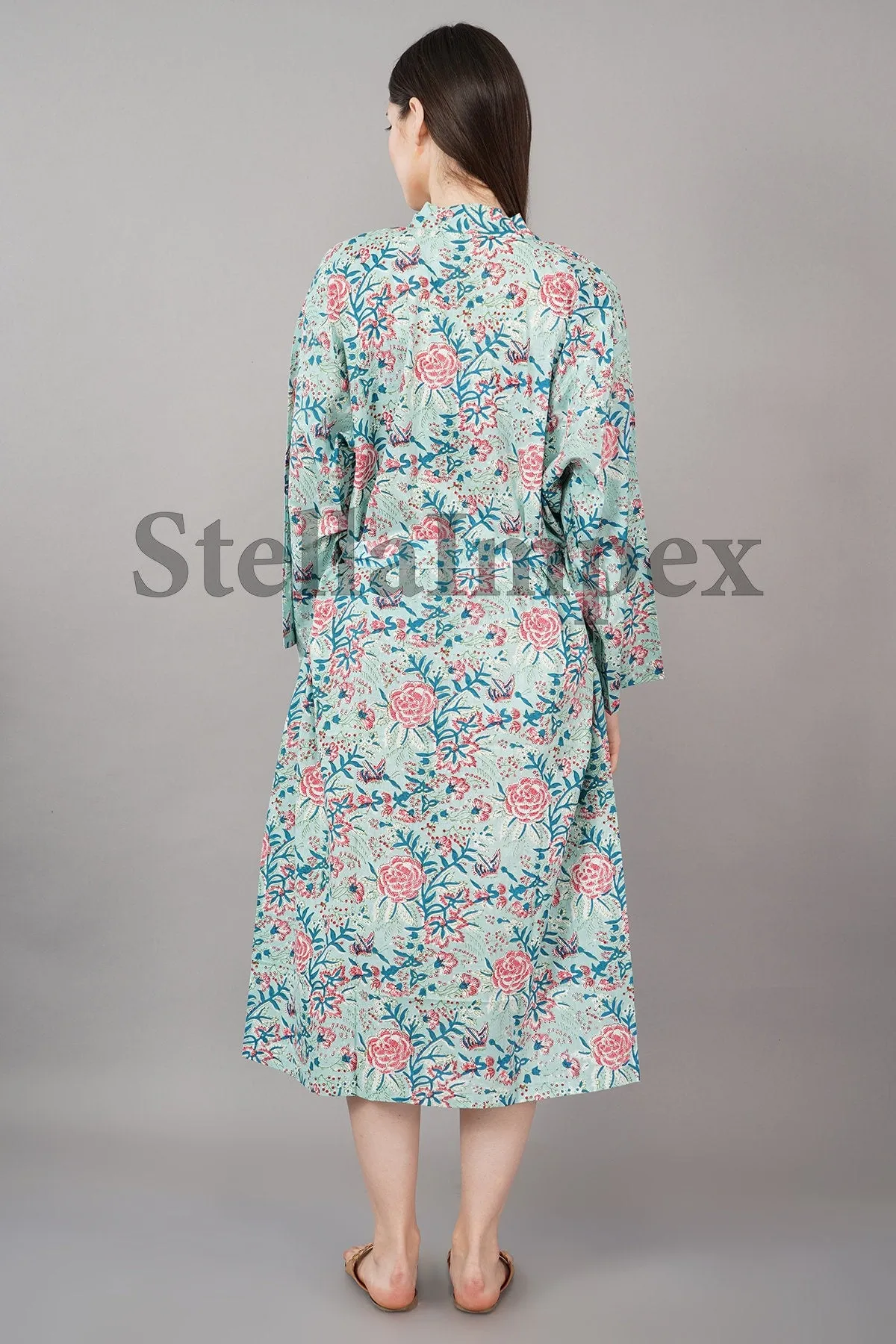 Trendy Cotton Kimono Elegant Blue & Pink Floral Bathrobe Resort Wear Beach Bikini Cover-ups Boho Kimono Bathrobe, Gift for Her