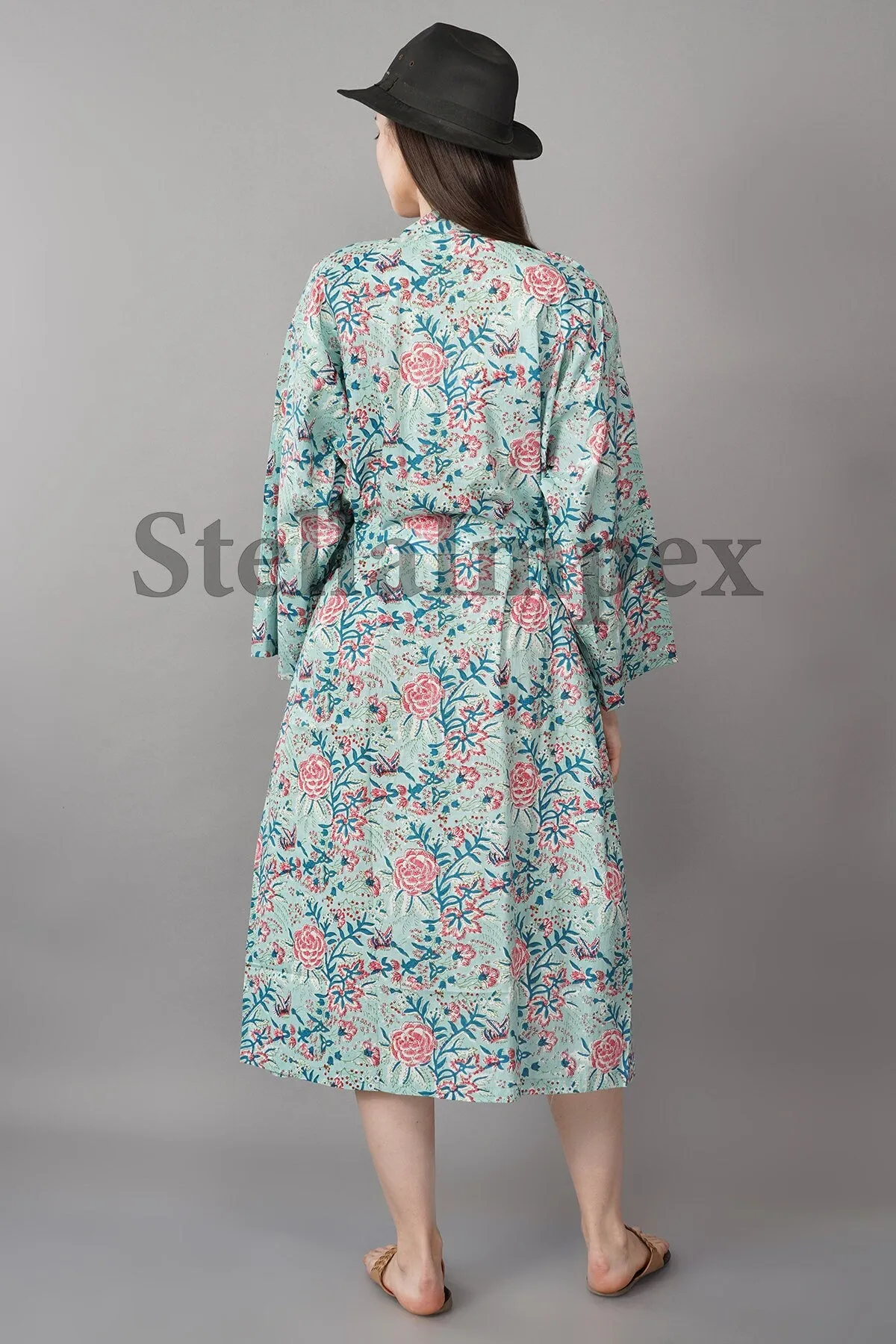 Trendy Cotton Kimono Elegant Blue & Pink Floral Bathrobe Resort Wear Beach Bikini Cover-ups Boho Kimono Bathrobe, Gift for Her