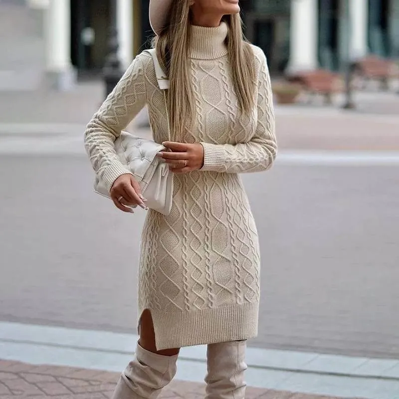 Turtleneck Knitted Sweater Dress with Slit
