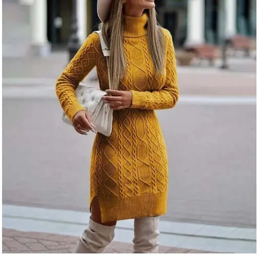 Turtleneck Knitted Sweater Dress with Slit