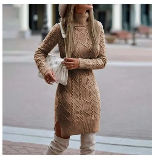 Turtleneck Knitted Sweater Dress with Slit