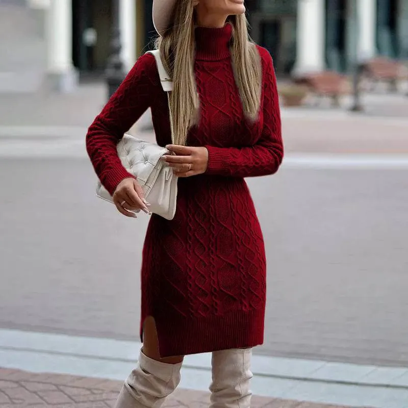 Turtleneck Knitted Sweater Dress with Slit