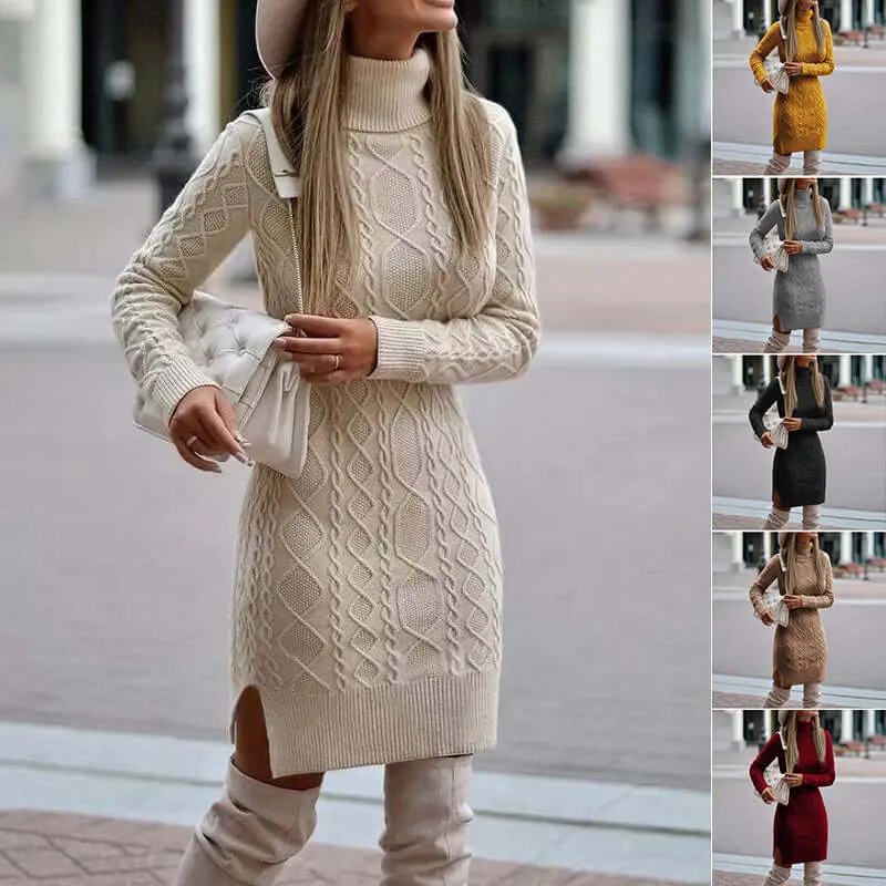 Turtleneck Knitted Sweater Dress with Slit