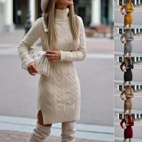 Turtleneck Knitted Sweater Dress with Slit