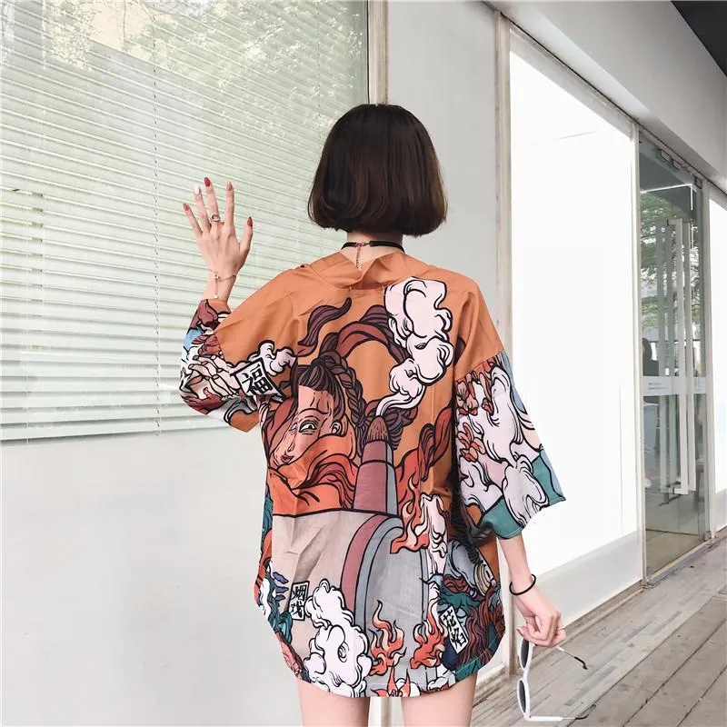 Ukiyo Style Print Loose Kawaii Kimono Blouse