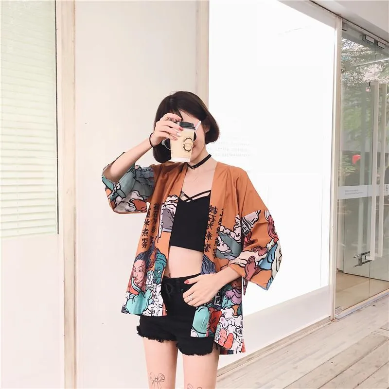 Ukiyo Style Print Loose Kawaii Kimono Blouse