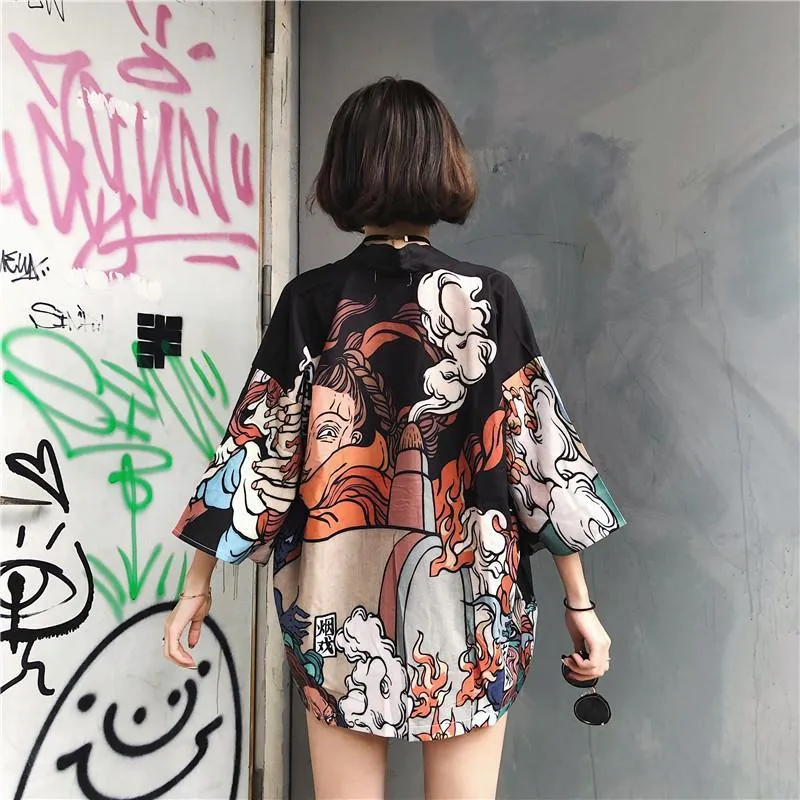 Ukiyo Style Print Loose Kawaii Kimono Blouse
