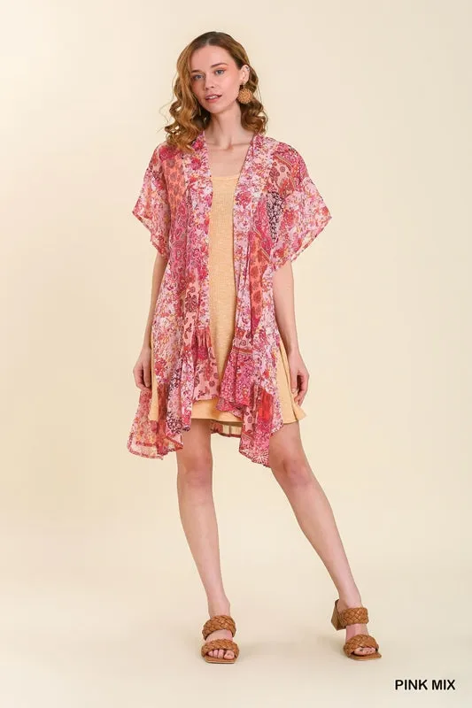 Umgee Chiffon Mixed Print Kimono - Pink Mix