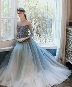 Unique Tulle Sequin Long Prom Dress Tulle Formal Dress
