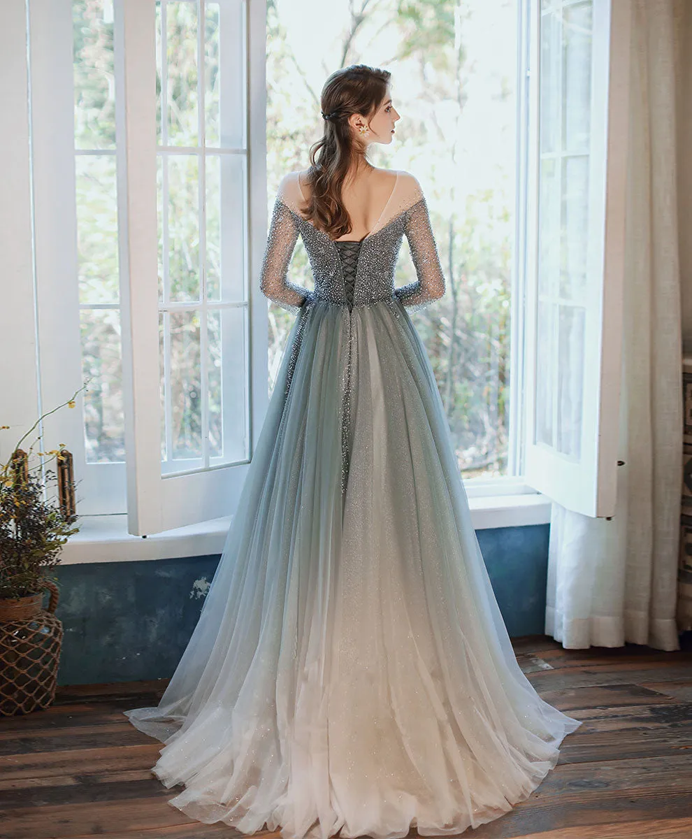 Unique Tulle Sequin Long Prom Dress Tulle Formal Dress