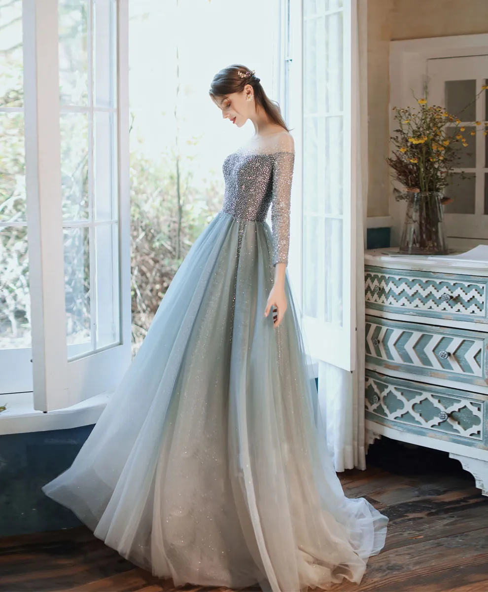 Unique Tulle Sequin Long Prom Dress Tulle Formal Dress