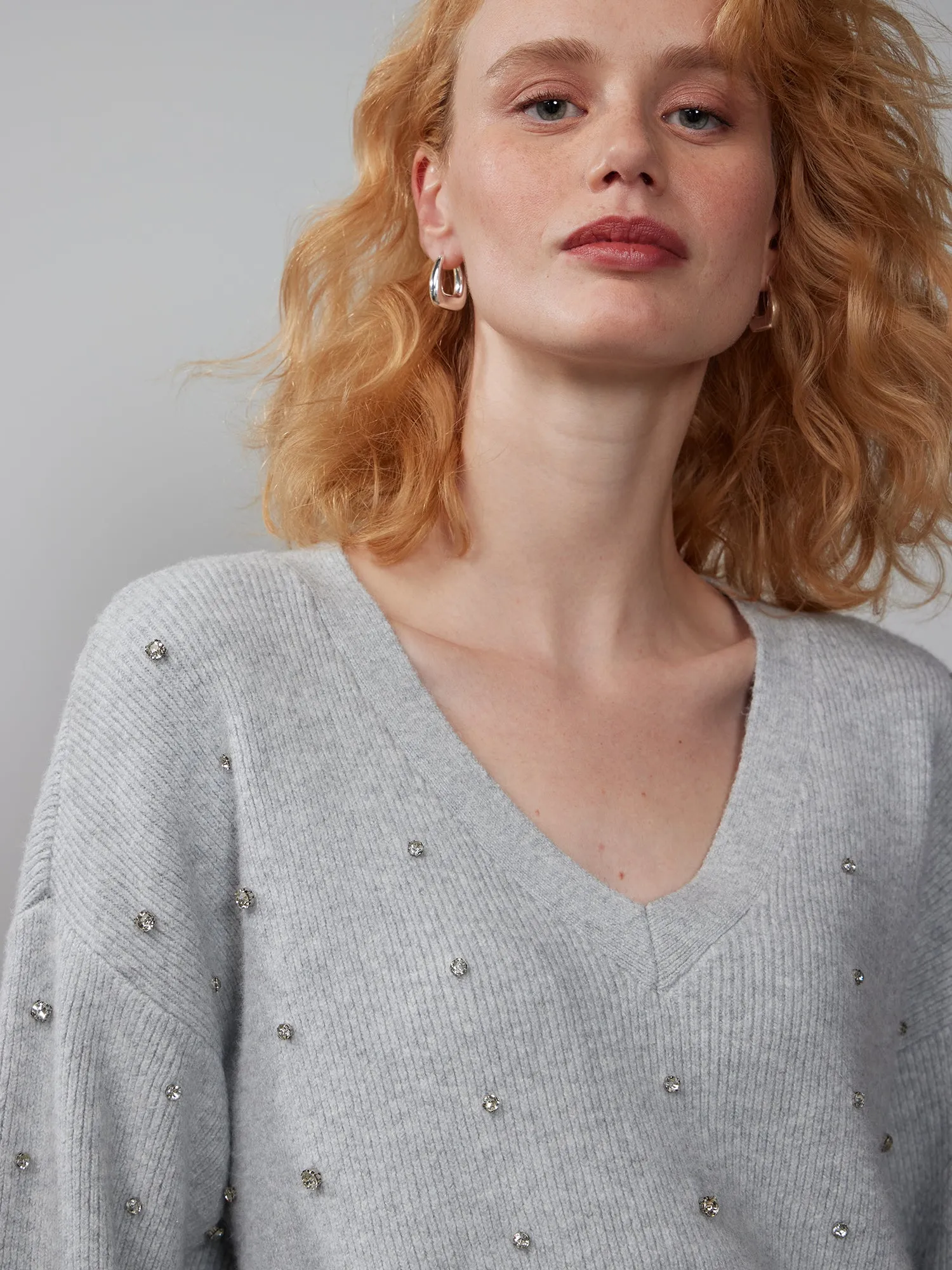 V-Neck Rhinestone Embellished Sweater