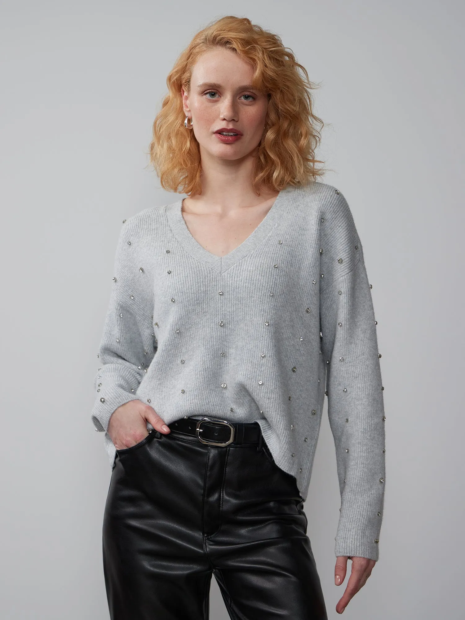 V-Neck Rhinestone Embellished Sweater