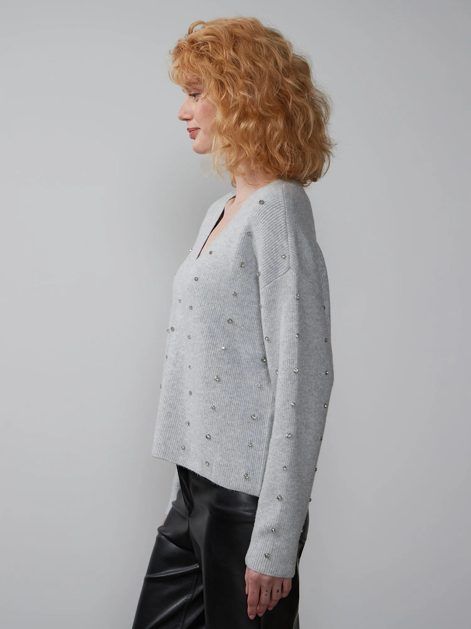V-Neck Rhinestone Embellished Sweater