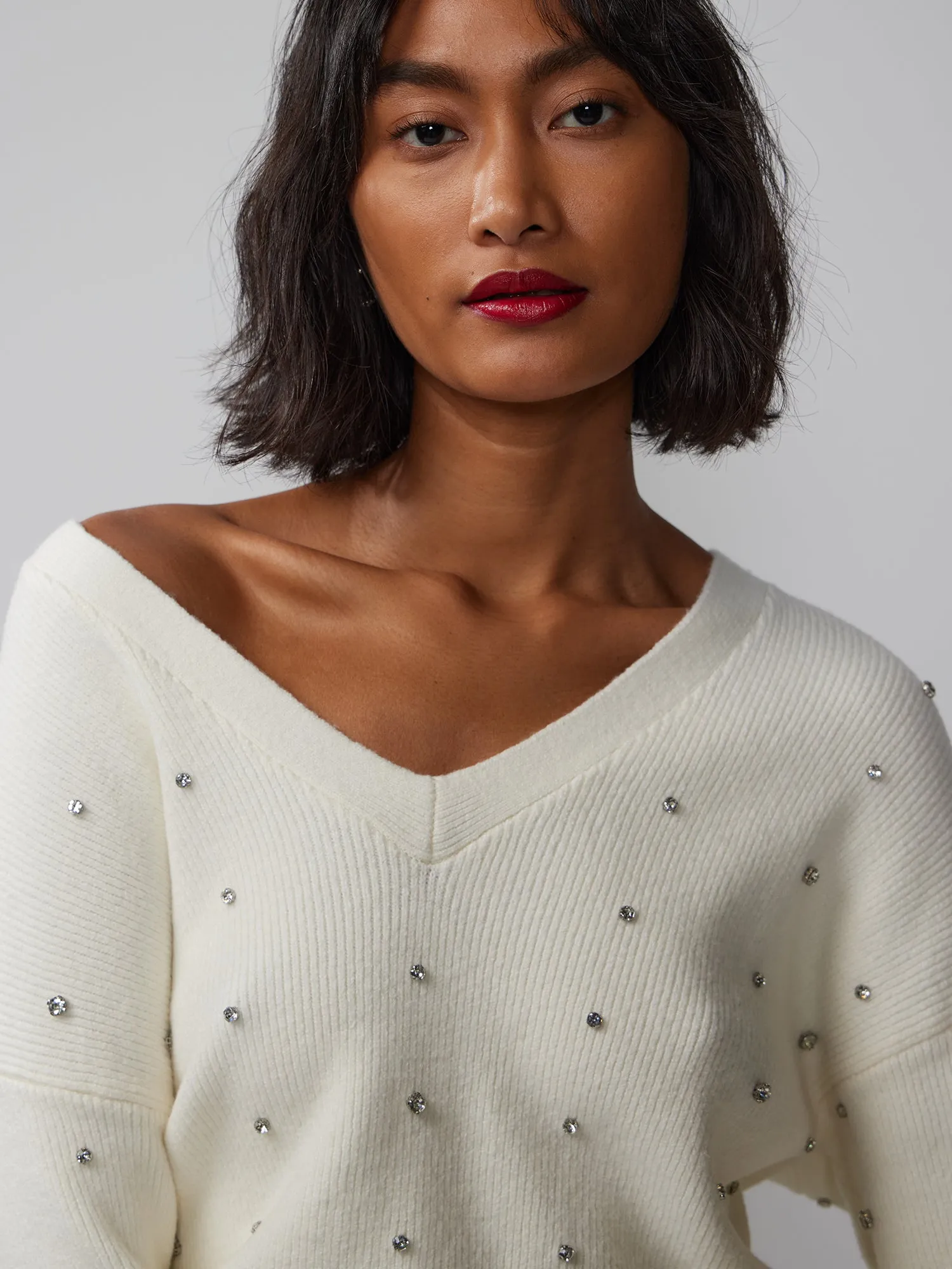 V-Neck Rhinestone Embellished Sweater