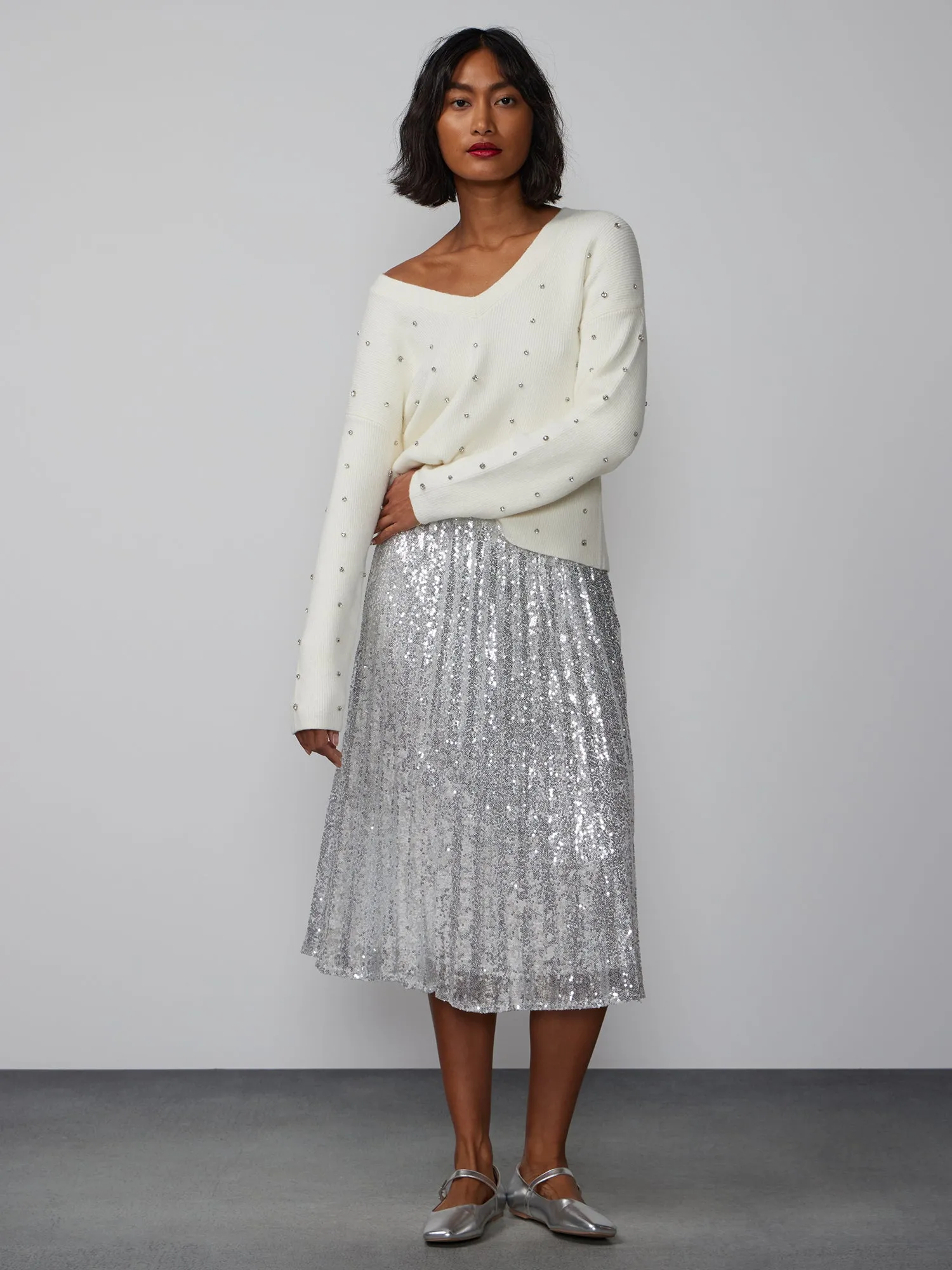 V-Neck Rhinestone Embellished Sweater