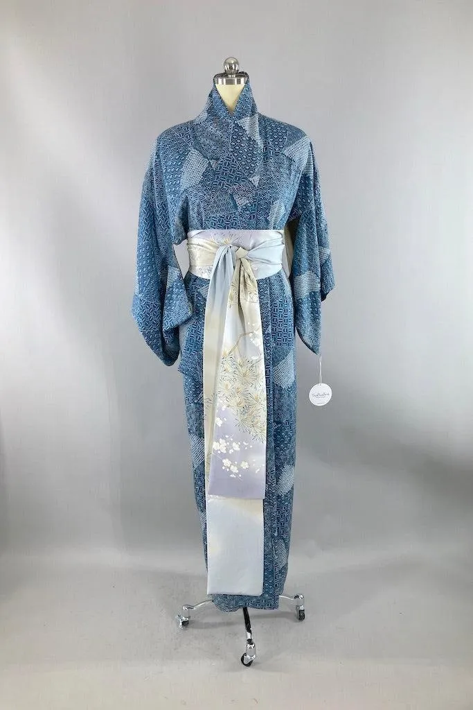 Vintage Blue Geometric Shibori Silk Kimono