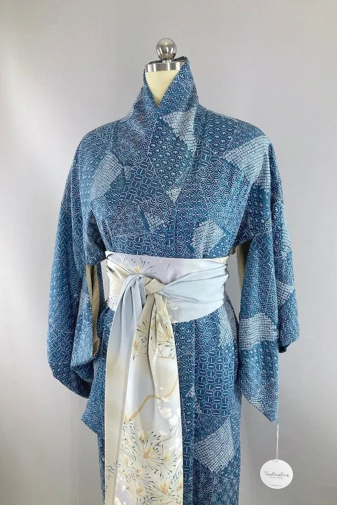 Vintage Blue Geometric Shibori Silk Kimono