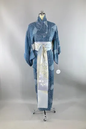 Vintage Blue Geometric Shibori Silk Kimono