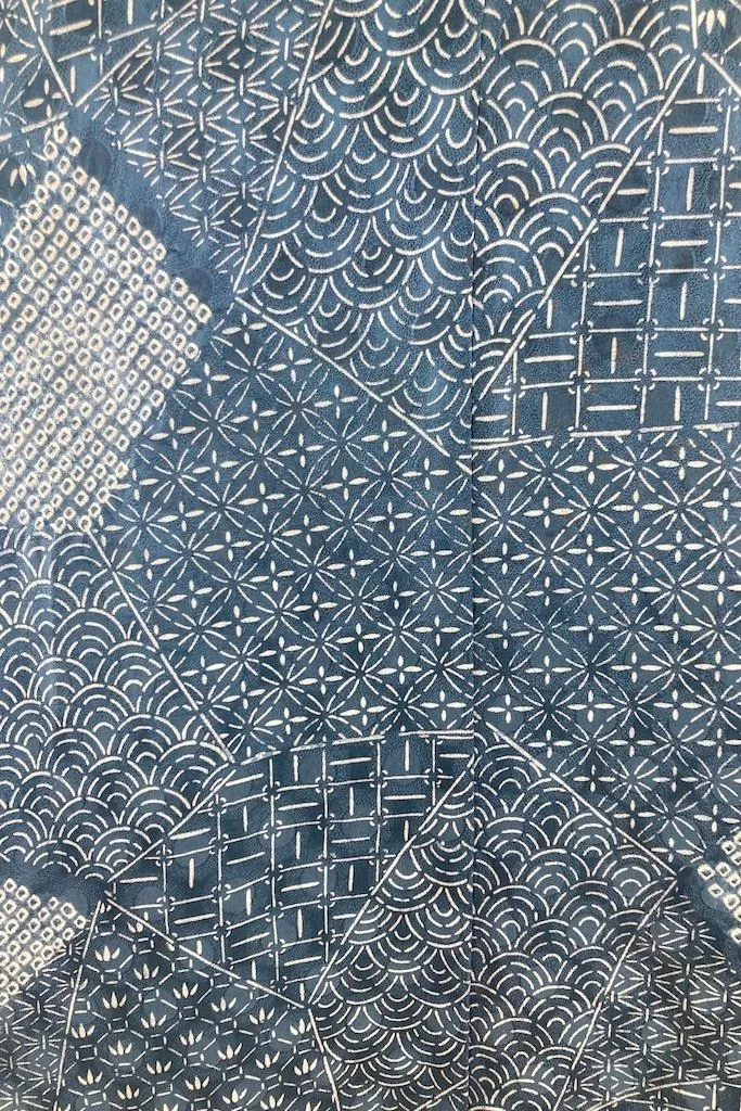 Vintage Blue Geometric Shibori Silk Kimono