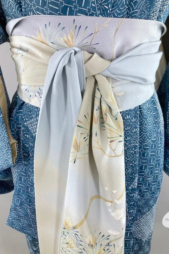 Vintage Blue Geometric Shibori Silk Kimono