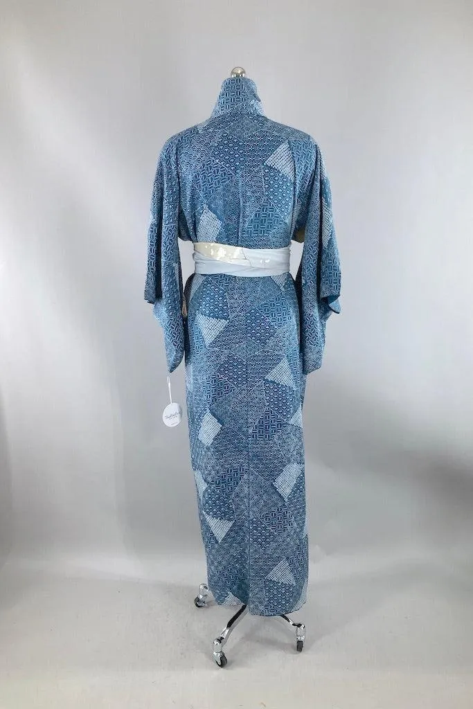 Vintage Blue Geometric Shibori Silk Kimono