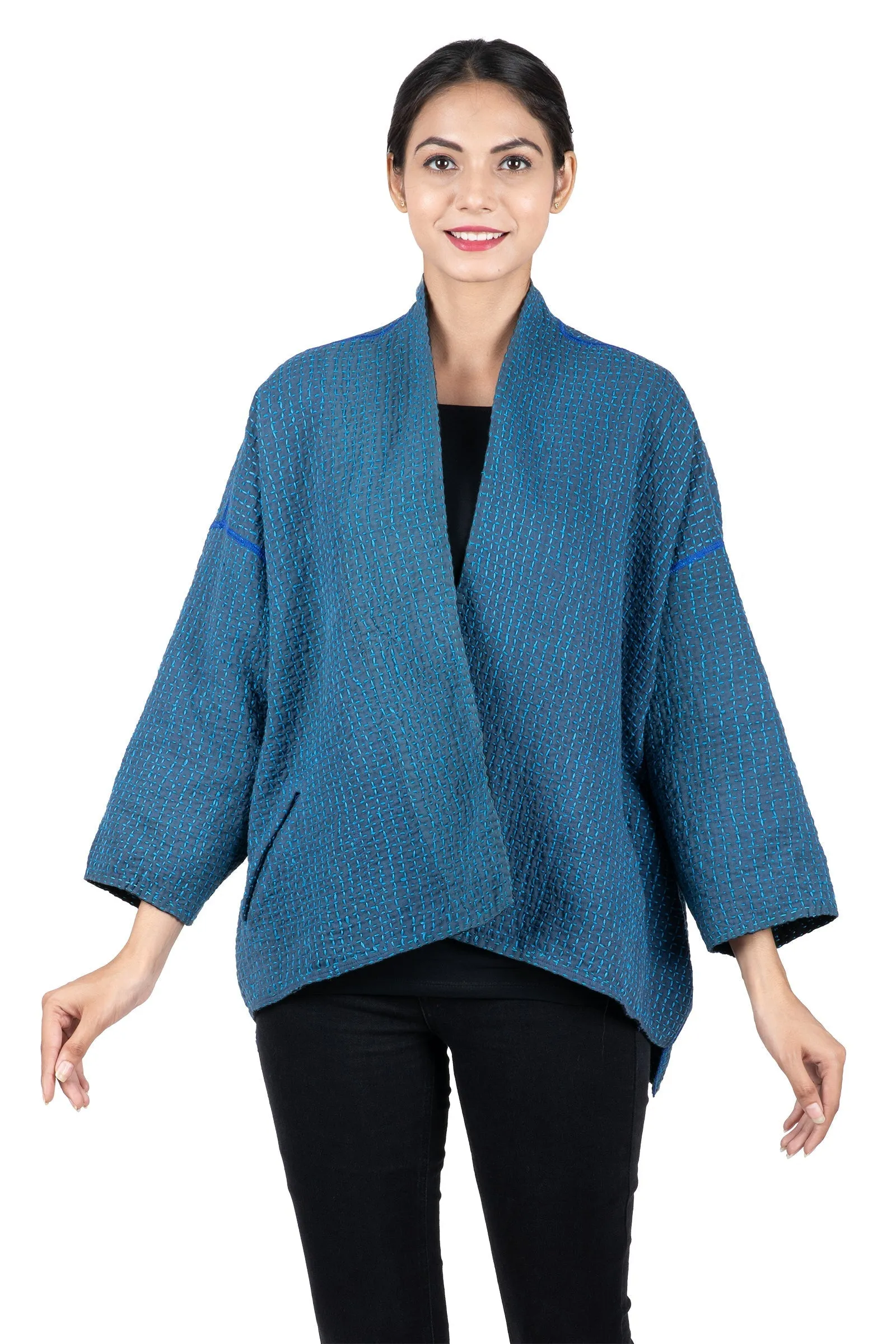 WAFFLE KANTHA MINI KIMONO JKT - wf3055-blu -