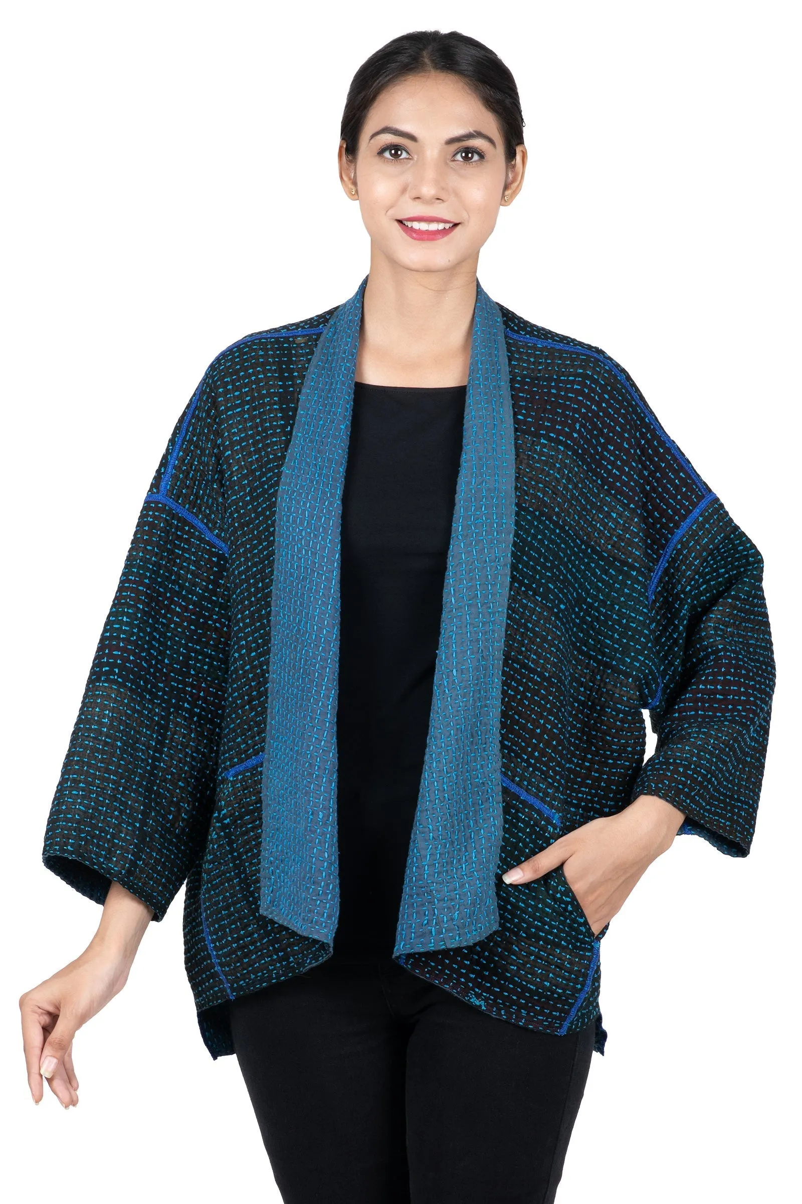 WAFFLE KANTHA MINI KIMONO JKT - wf3055-blu -