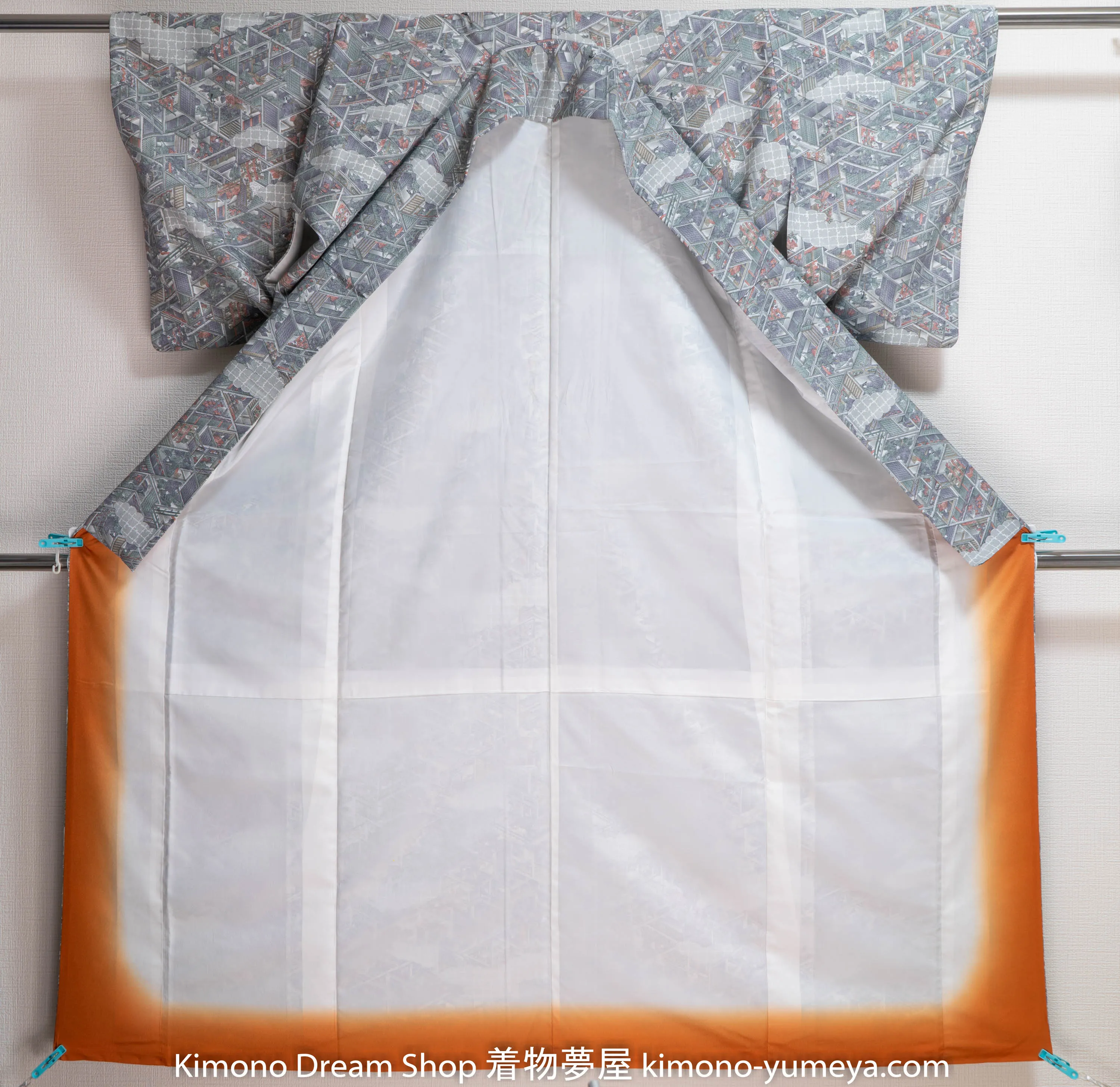 Washable Polyester Kimono - Grey Japanese Village Print Vintage Gray People Flowers Clouds Trees