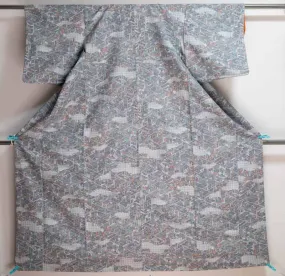 Washable Polyester Kimono - Grey Japanese Village Print Vintage Gray People Flowers Clouds Trees